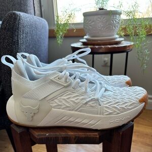 Under Armour White Project Rock HOVR Training Sneakers with Gum Toe